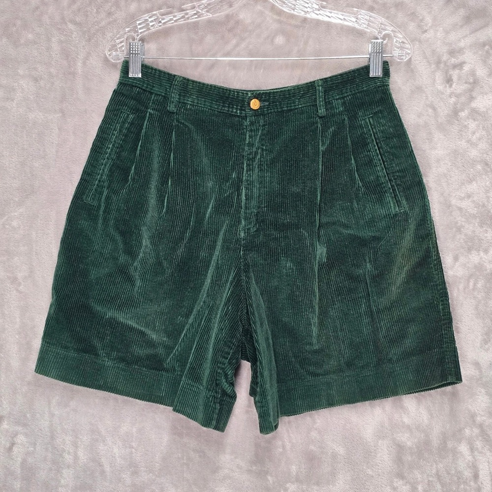 Vintage Lizsport 12 Petite Green Corduroy Shorts Hi Waisted Pleated Cotton Retro